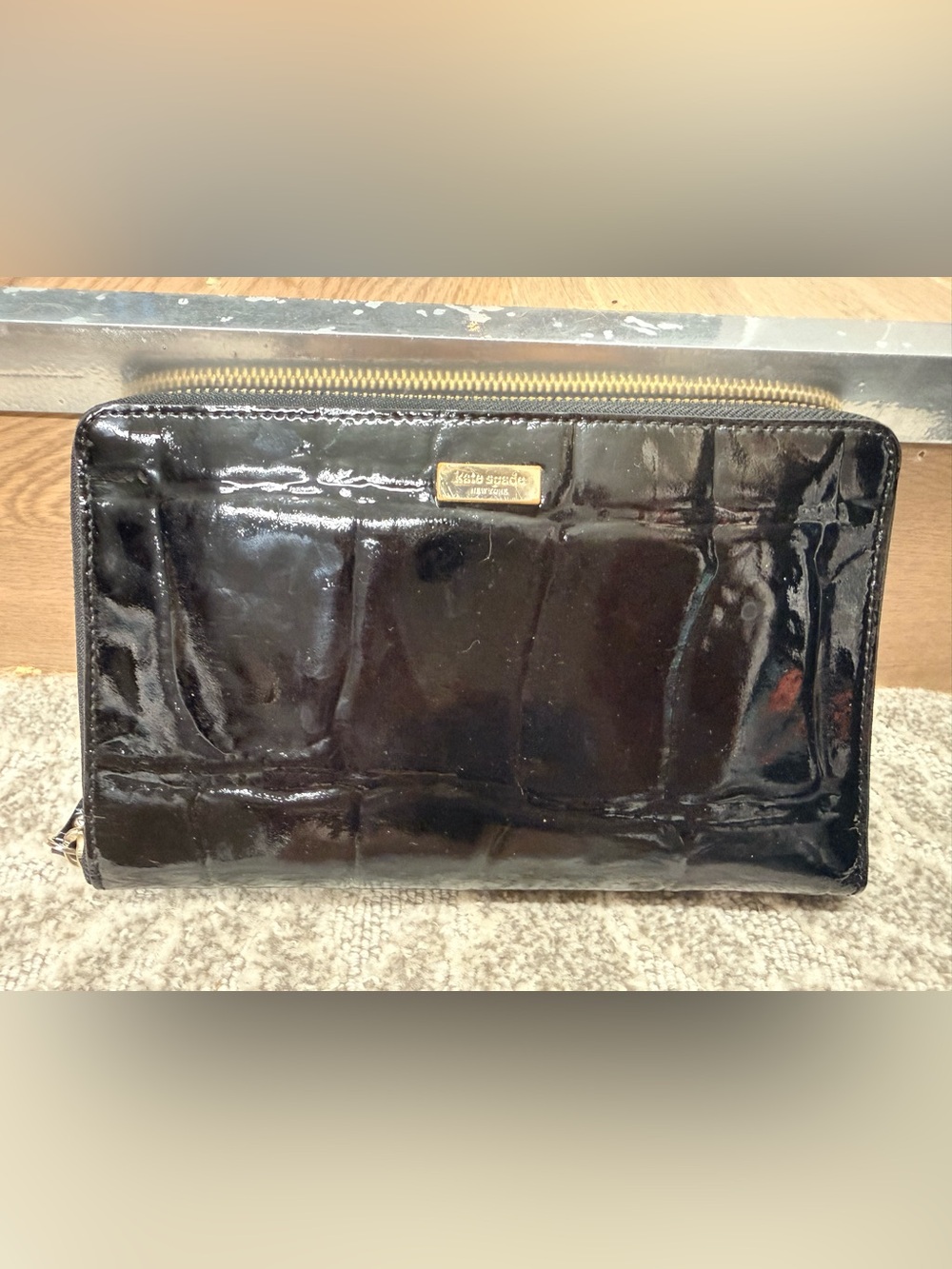 kate spade Black Patent Leather Zip Wallet with Gold Hardware